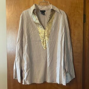 Bloomingdale’s Sutton Studio Linen Top V-Neck With Sequins Shirt NWT Large